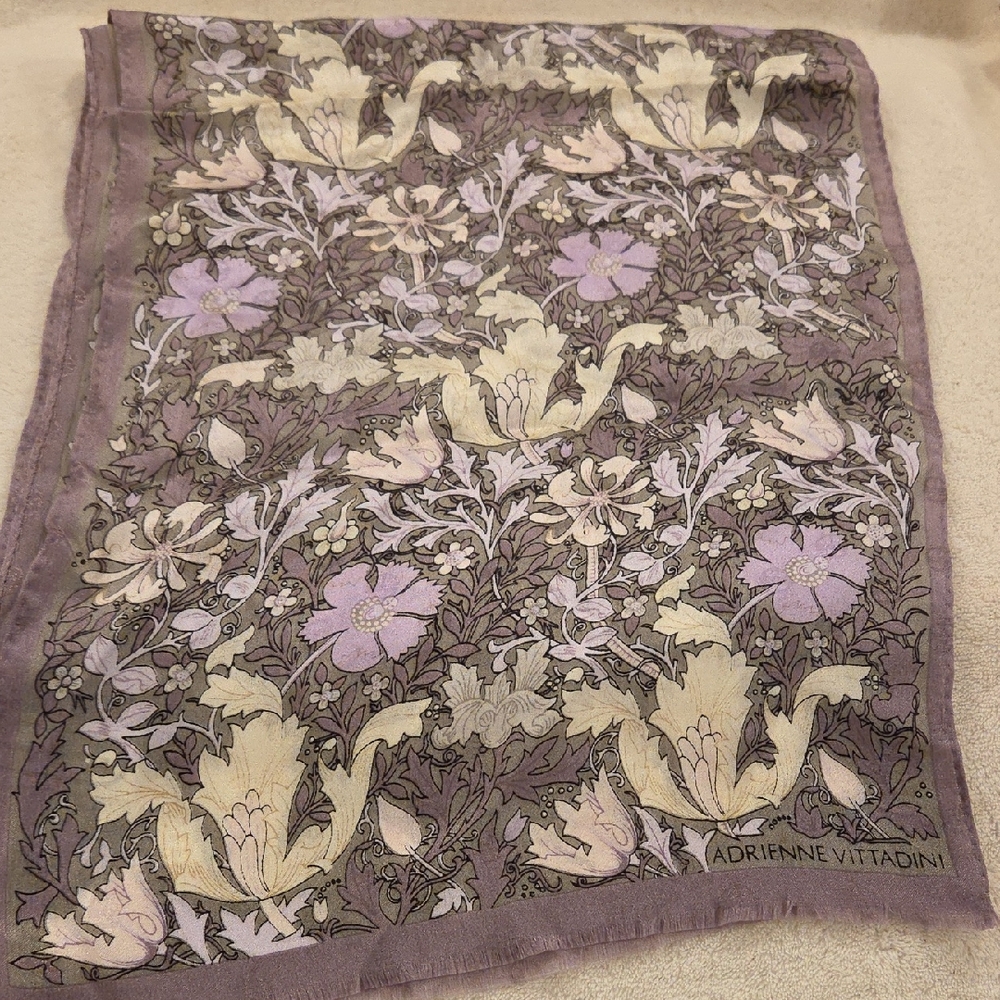 Adrienne Vittadini Silk Purple and Cream Floral Scarf, 11" x 52"